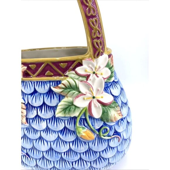 Ceramic Handbag Purse Planter Plumeria Fish Scale Tropical Hawaiian 10" Porcelai - Picture 3 of 9